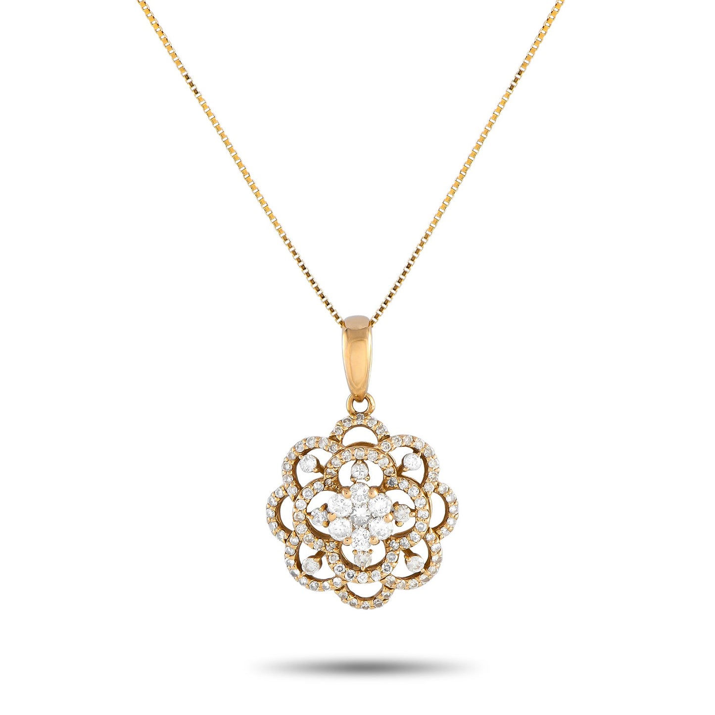 Necklace with pendant - 18 kt. Yellow gold, Beautiful 18K Yellow Gold 1.0ct Diamond Flower Necklace - 1.00ct. tw.
