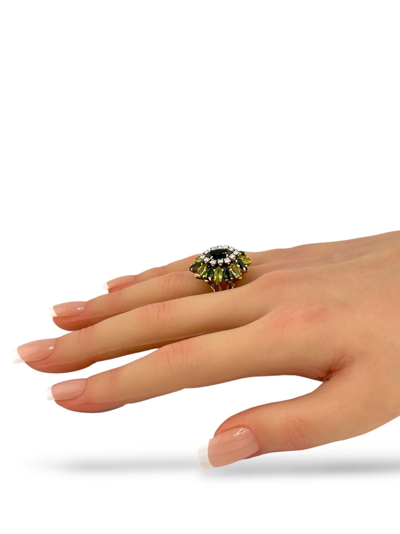 18K Yellow Gold Diamond, Tourmaline & Peridot Cluster Ring