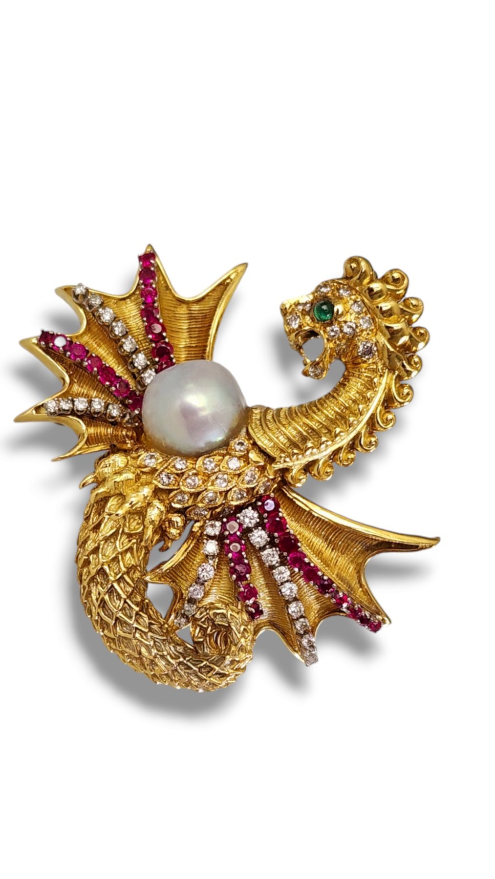 Brooch - 18 kt. Yellow gold, Gorgeous 18k Gold Diamond Sapphire Dragon large Brooch Pin