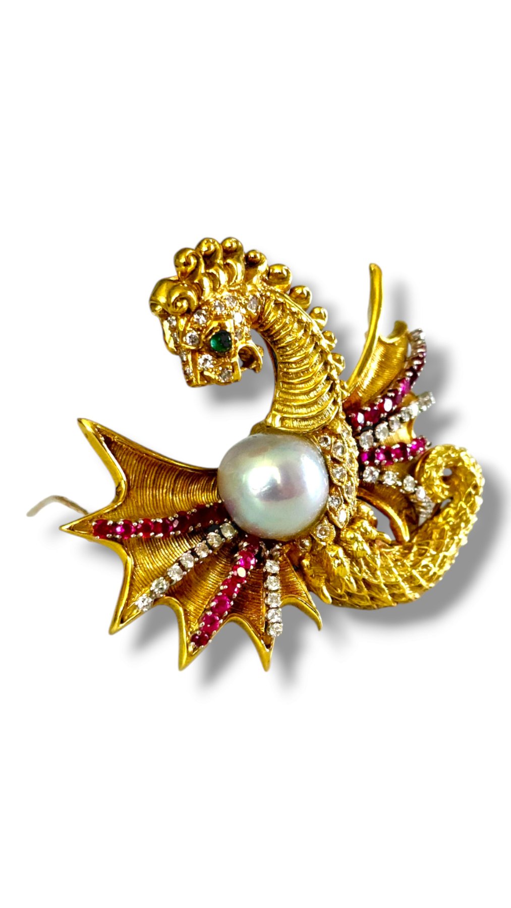 Brooch - 18 kt. Yellow gold, Gorgeous 18k Gold Diamond Sapphire Dragon large Brooch Pin