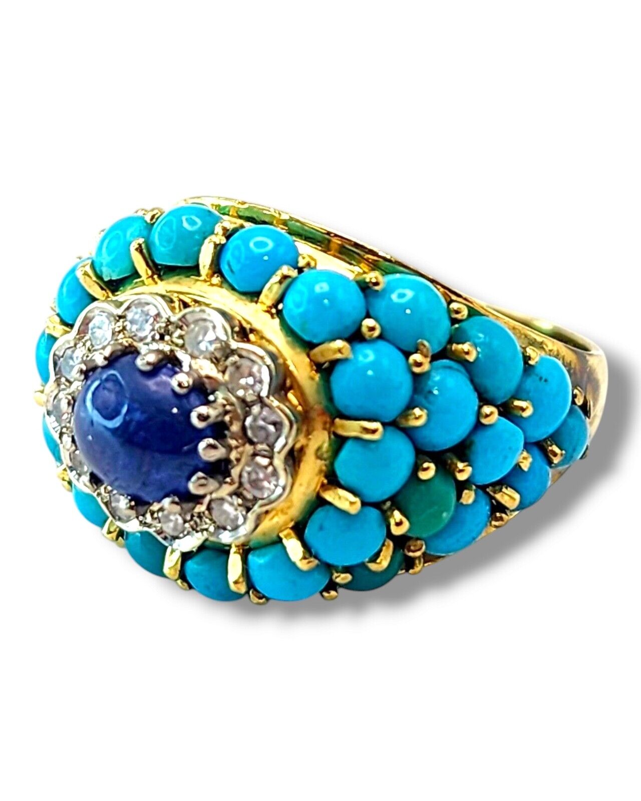 Gorgeous Vintage 18K Gold Turquoise Diamond & Sapphire Ring