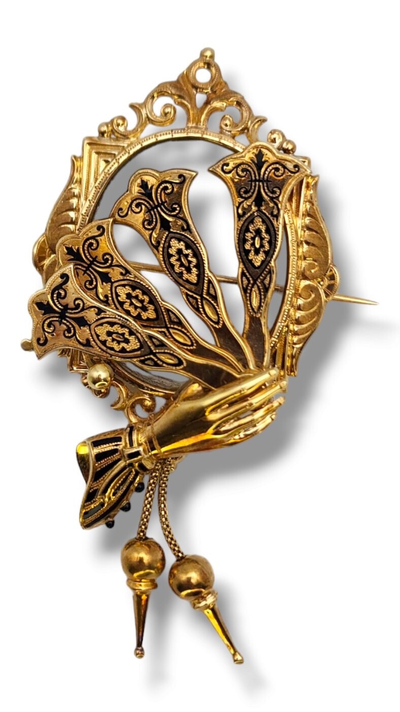 Antique 14K Gold & Enamel Movable Fan Brooch /Double Locket Victorian Era 1860