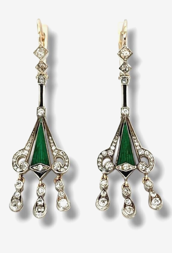 Amazing Art Deco Imperial 56K Gold Diamond & Enamel Earrings