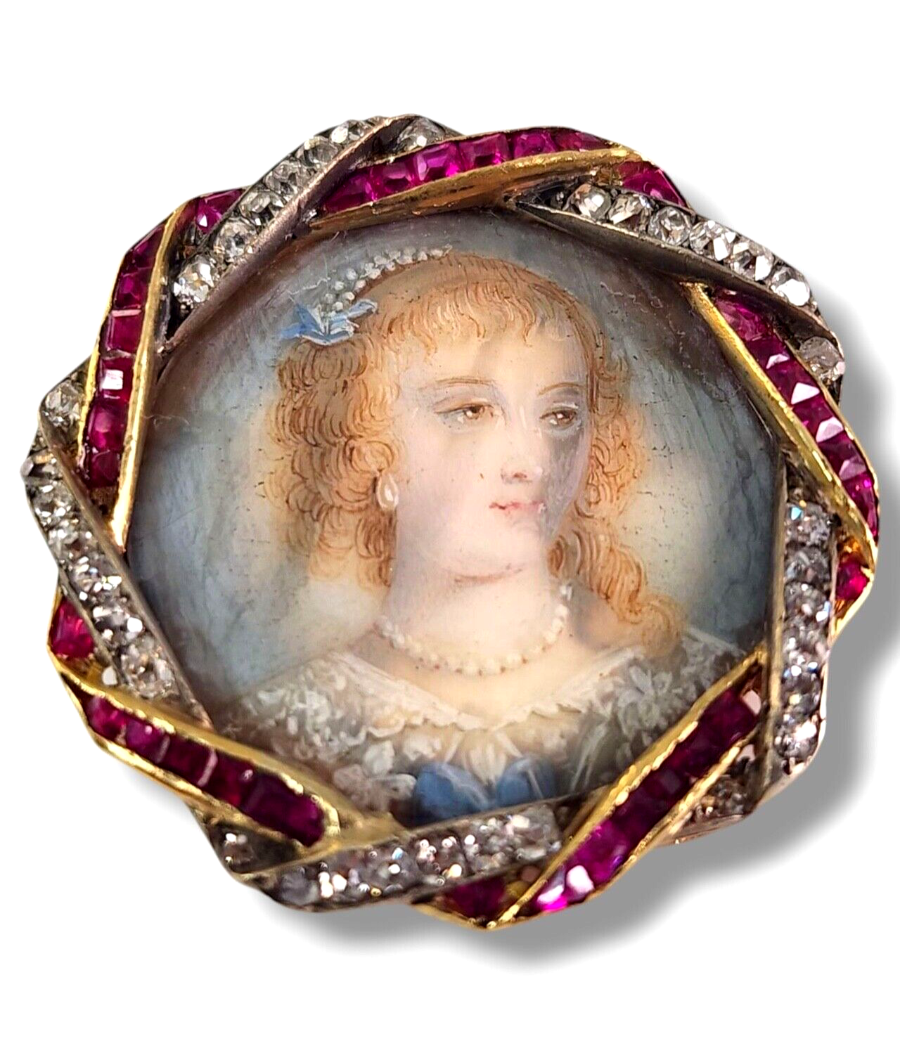 Gorgeous Antique 18k Gold Brooch with Diamonds & Rubies Depose