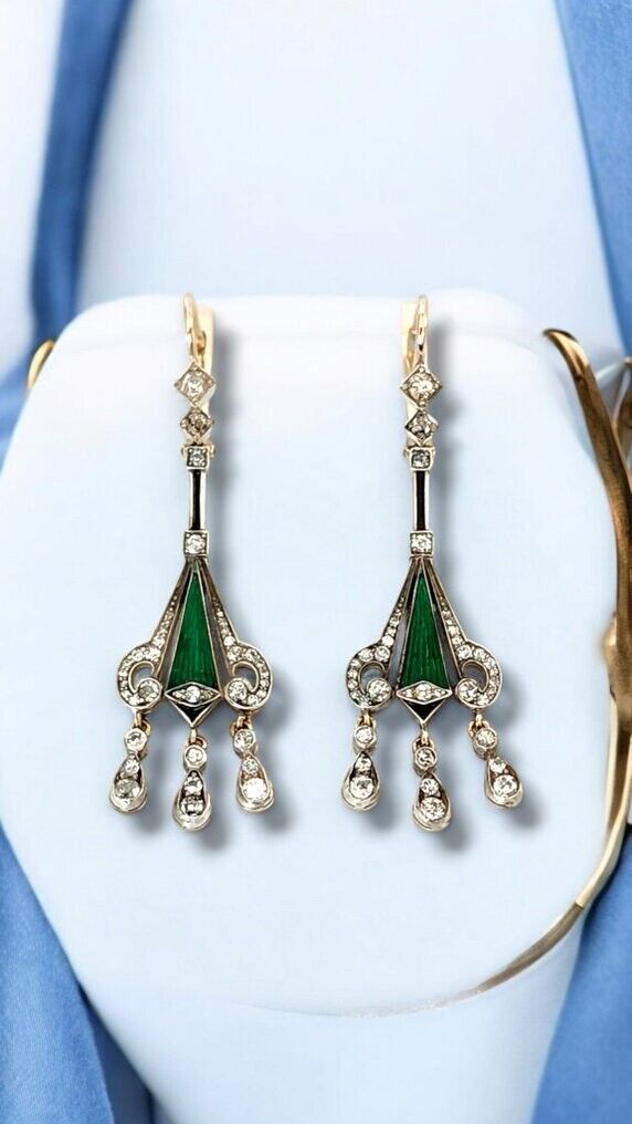 Amazing Art Deco Imperial 56K Gold Diamond & Enamel Earrings