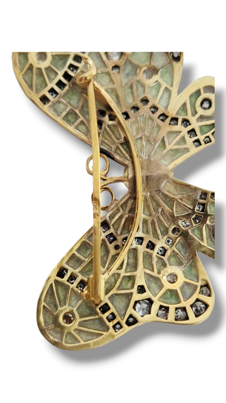 Amazing 56k Gold, Plique-à-jour Enamel & Diamond Brooch
