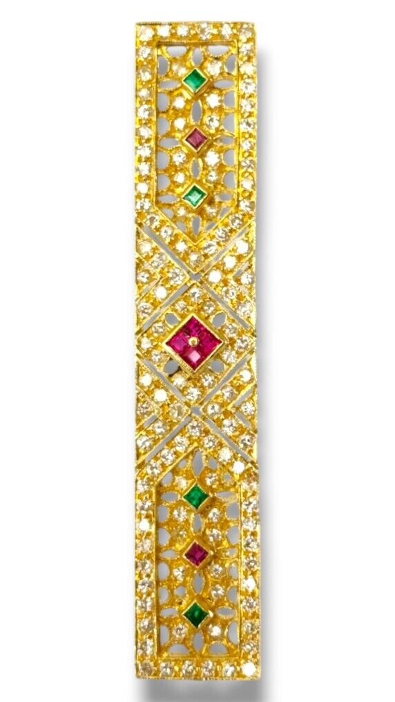 Brooch - 18 kt. Yellow gold, Lovely Art Deco 18k Gold Diamond Sapphire Pin