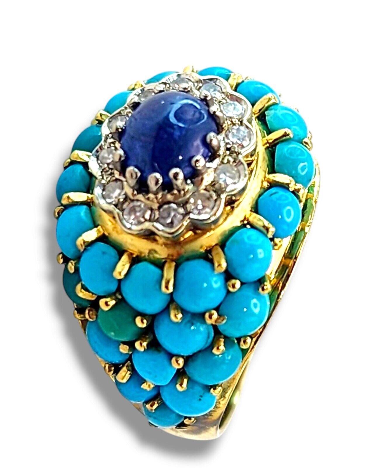 Gorgeous Vintage 18K Gold Turquoise Diamond & Sapphire Ring