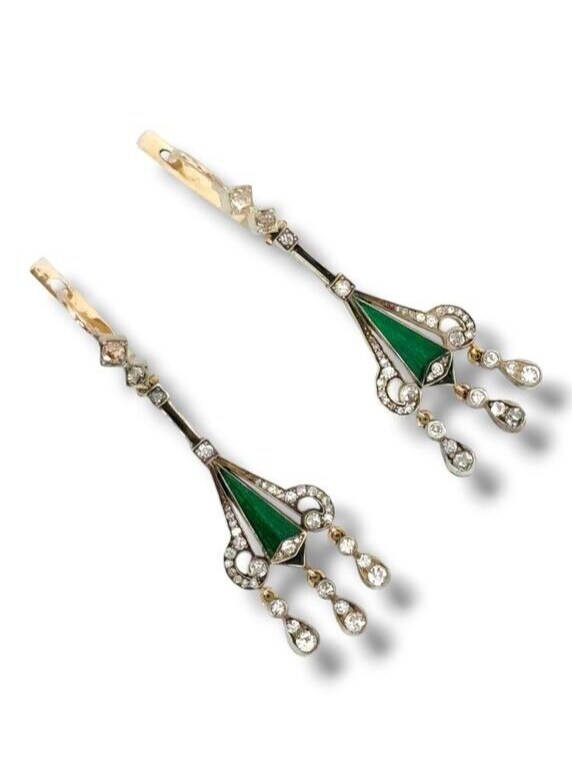 Amazing Art Deco Imperial 56K Gold Diamond & Enamel Earrings