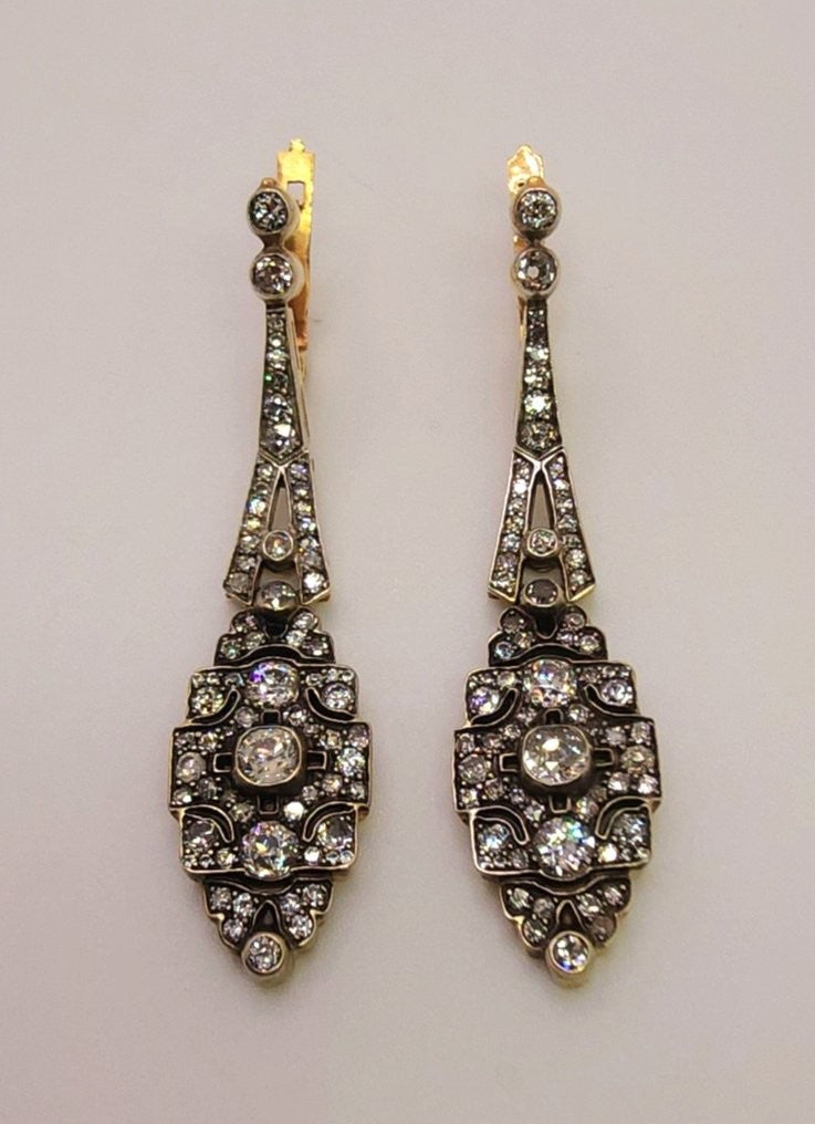 Earrings - 14 kt. White gold, Imperial Russian Art Nouveau 56K (14K) Gold and