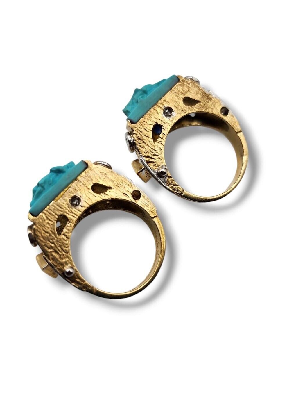 Antique 18K Yellow Gold, Diamond & Turquoise Split Ring. - 1.68ct