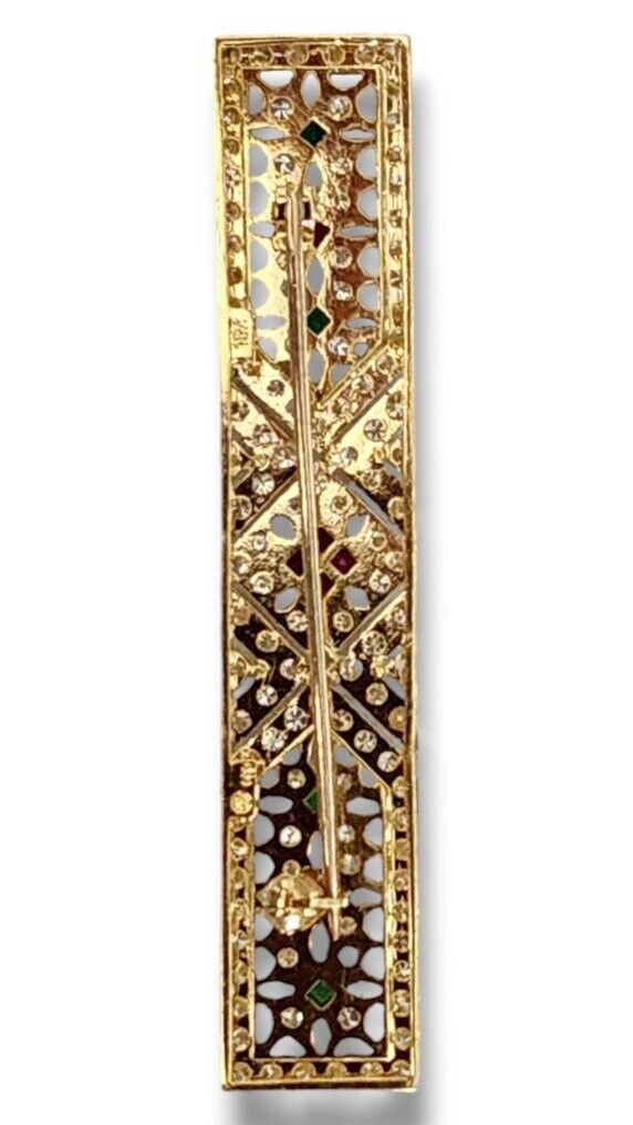 Brooch - 18 kt. Yellow gold, Lovely Art Deco 18k Gold Diamond Sapphire Pin