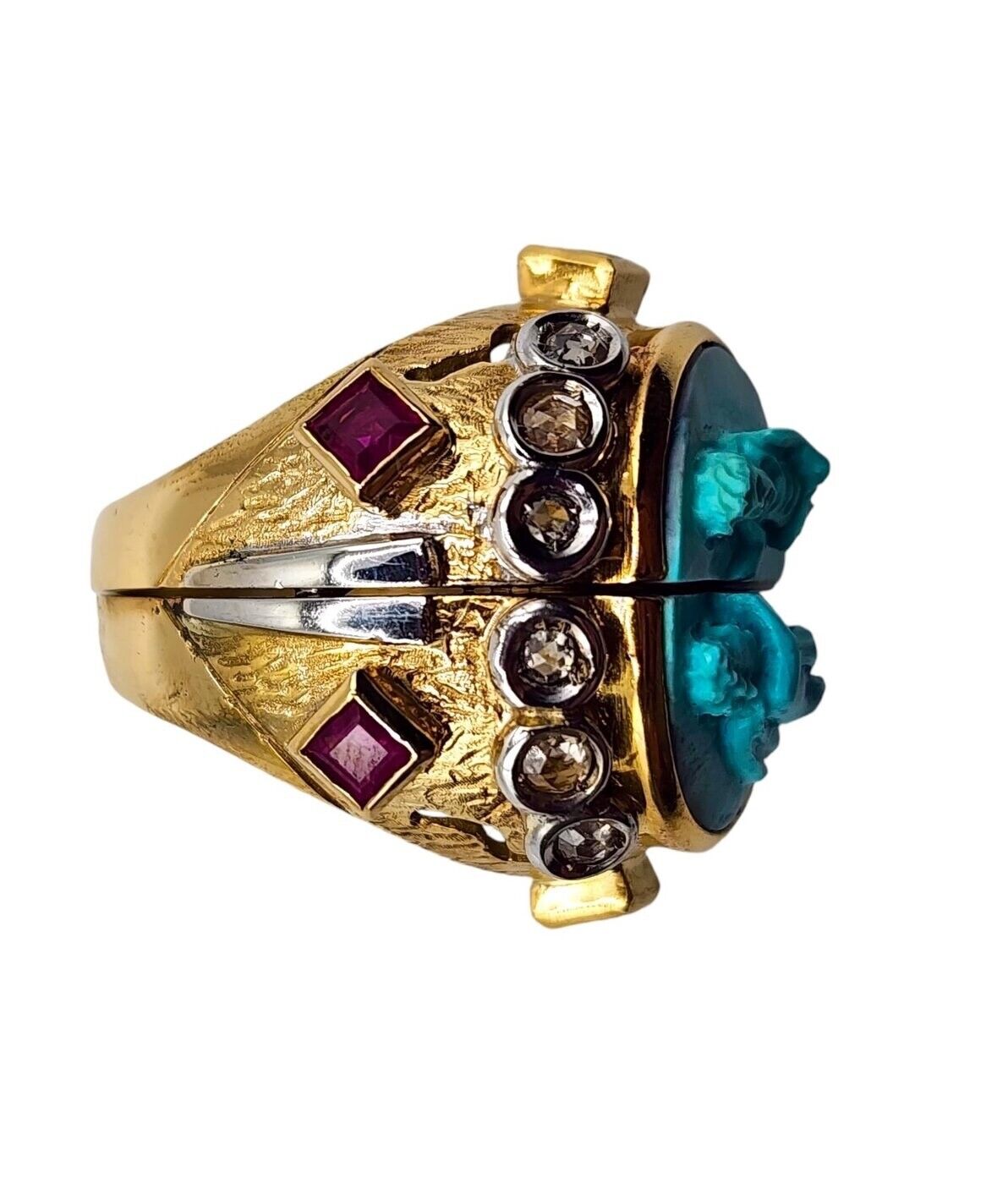 Antique 18K Yellow Gold, Diamond & Turquoise Split Ring. - 1.68ct