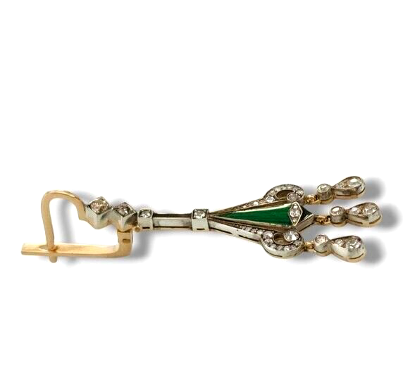 Amazing Art Deco Imperial 56K Gold Diamond & Enamel Earrings