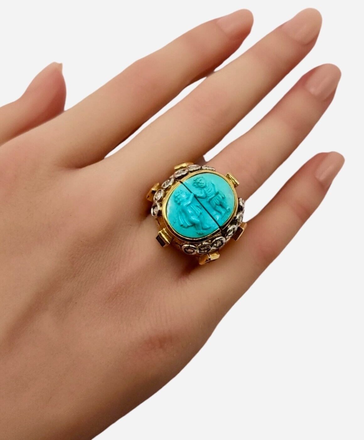 Antique 18K Yellow Gold, Diamond & Turquoise Split Ring. - 1.68ct