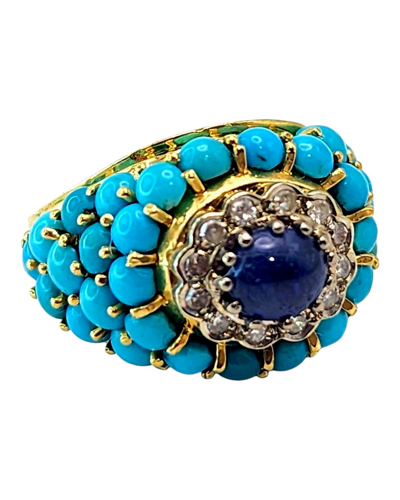 Gorgeous Vintage 18K Gold Turquoise Diamond & Sapphire Ring