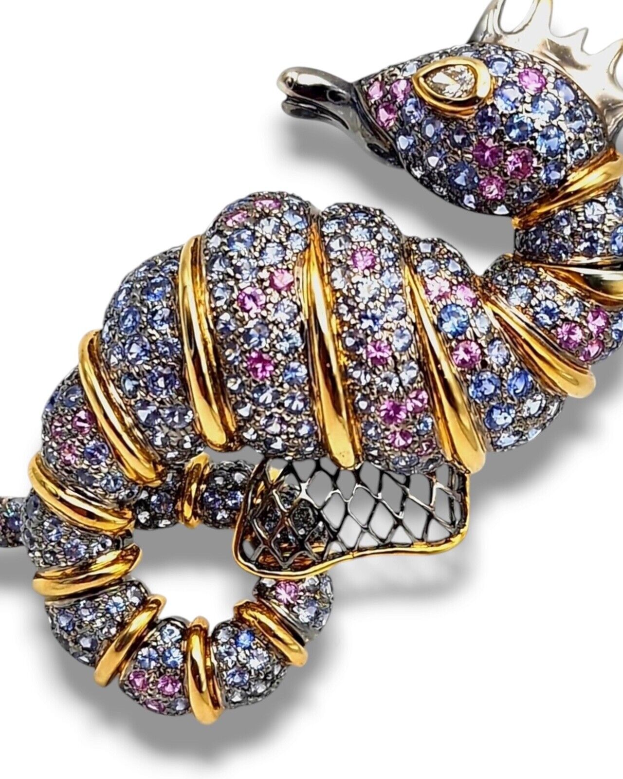 Amazing Large 18k Gold & Sapphire Seahorse Rare Brooch 47 Grams , 30.0Ct