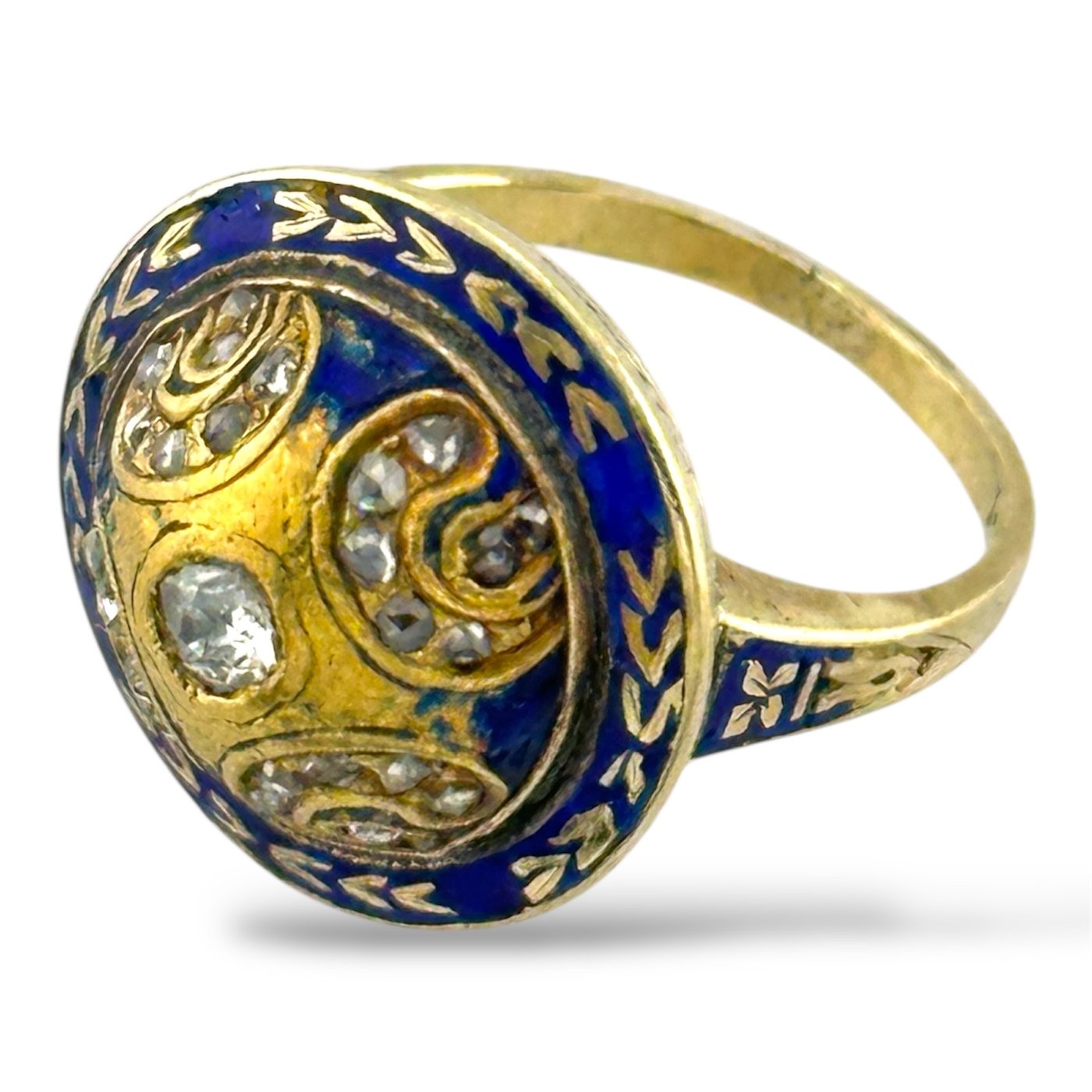 14K Yellow Gold and Enamel Ring with Diamonds