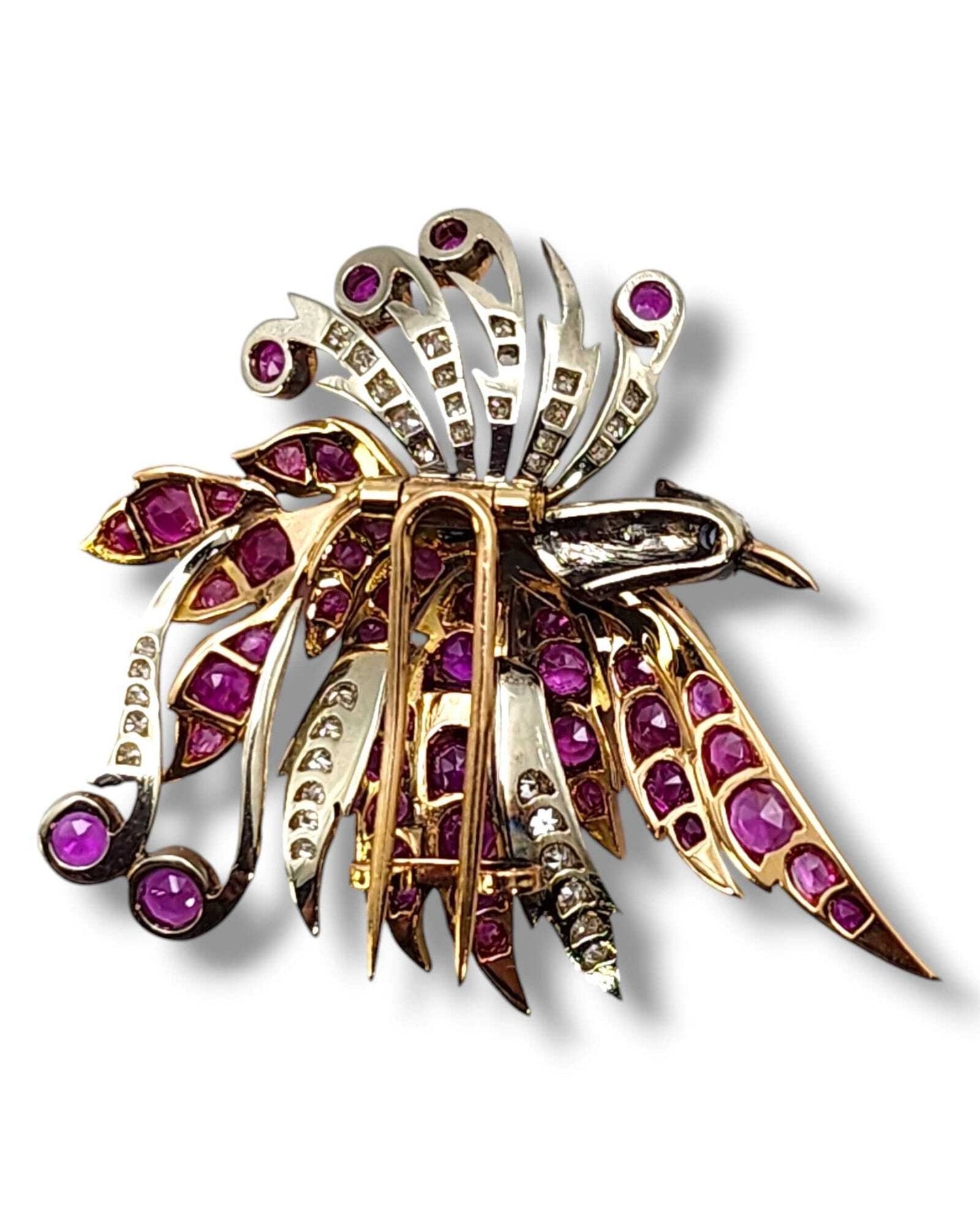 Brooch - 18 kt. Yellow gold, Gorgeous Vintage 18k Gold & 1.0ct Diamond Brooch Swan 16.5 grams - 1.00ct. tw. Diamond (Natural) - Ruby