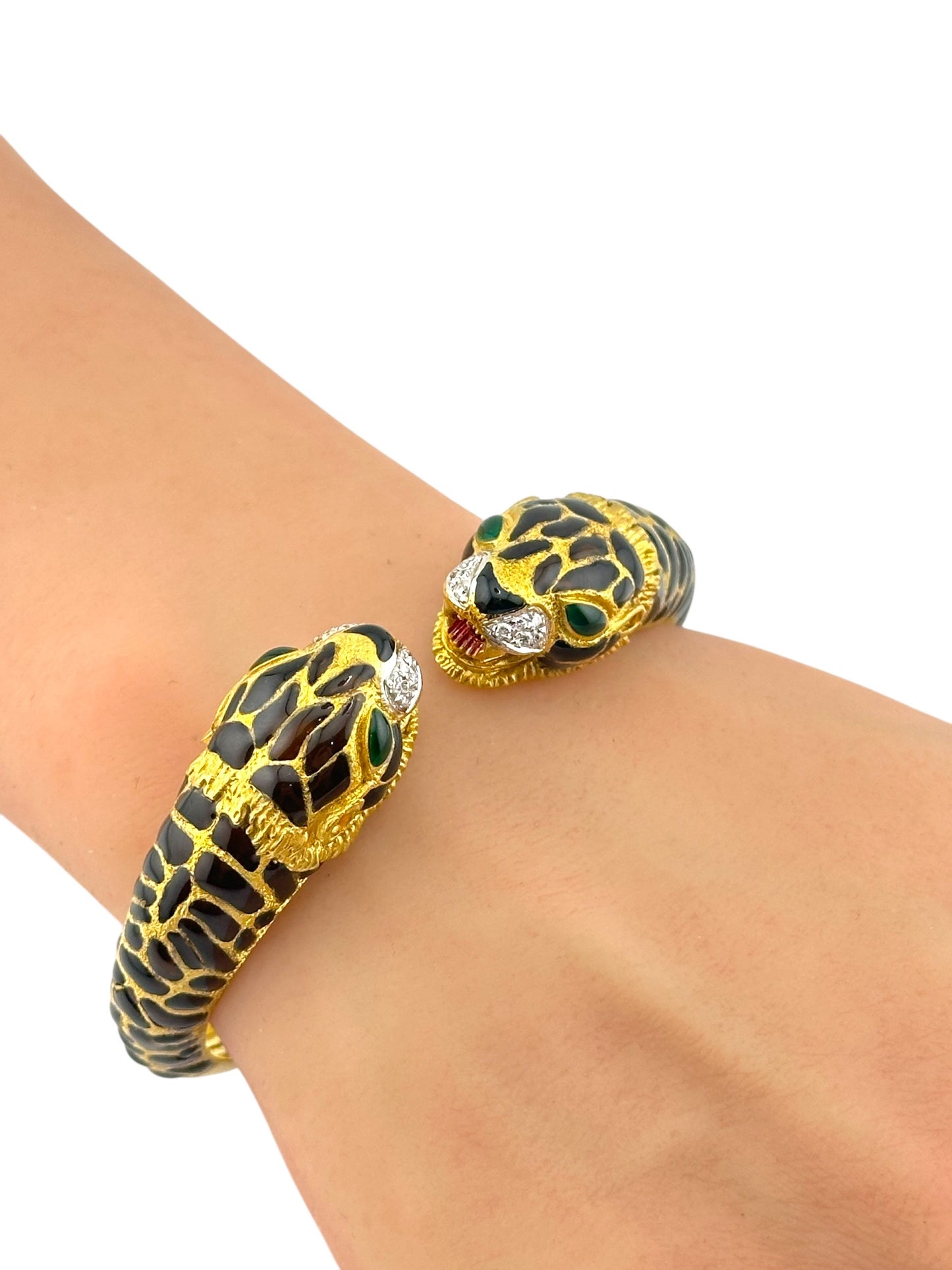 Legnazzi 18K Yellow Gold Enamel & 0.40ct. Diamond Leopard Bangle Bracelet