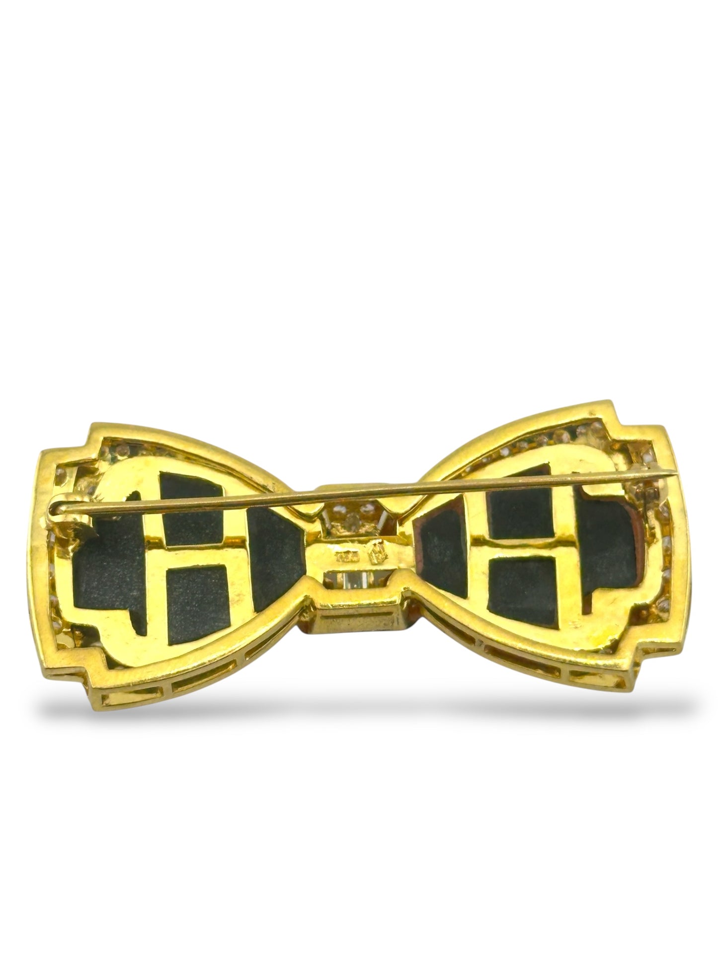 18K Yellow Gold Bow Brooch with 2.10ct Diamonds and Onyx