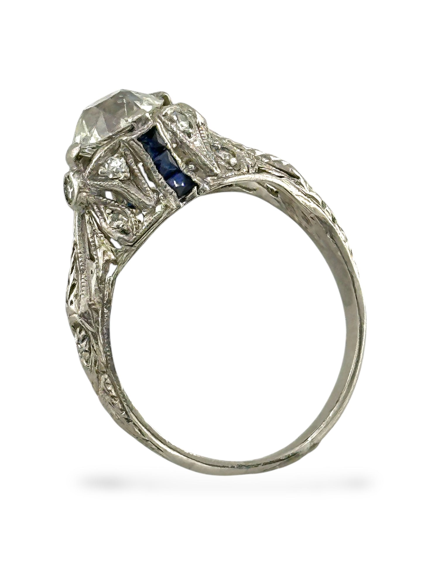 Art Deco Platinum Diamond and Sapphire Ring - 1.15 Carats