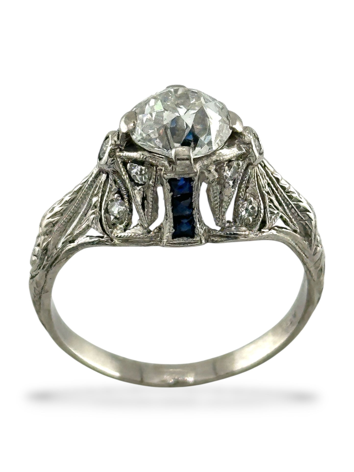 Art Deco Platinum Diamond and Sapphire Ring - 1.15 Carats