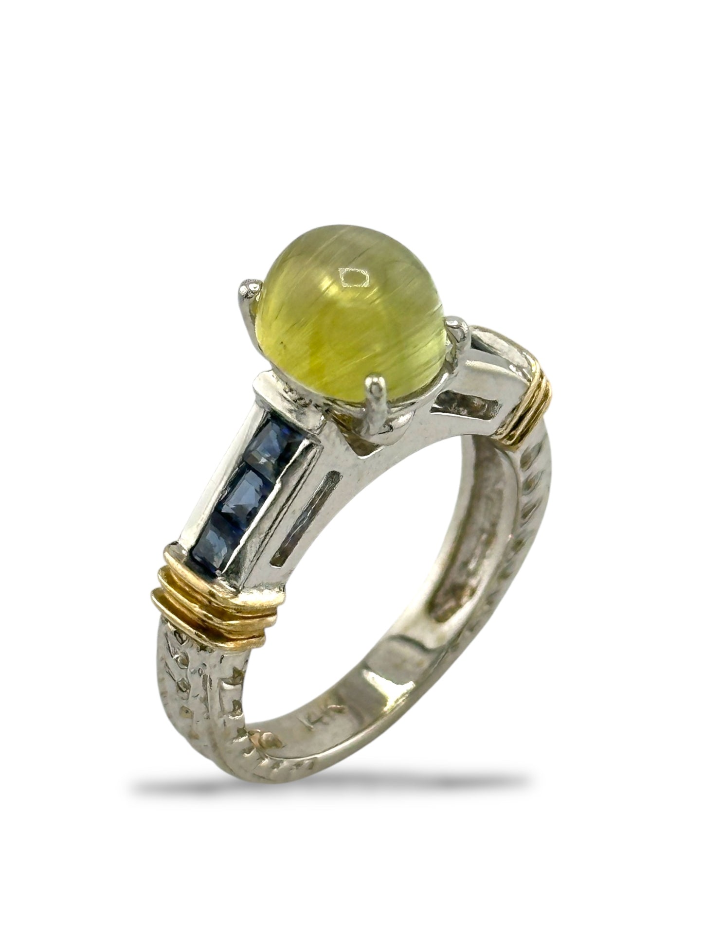 14K White Gold 2.20 Carat Natural Cat's Eye Chrysoberyl & Sapphire Ring