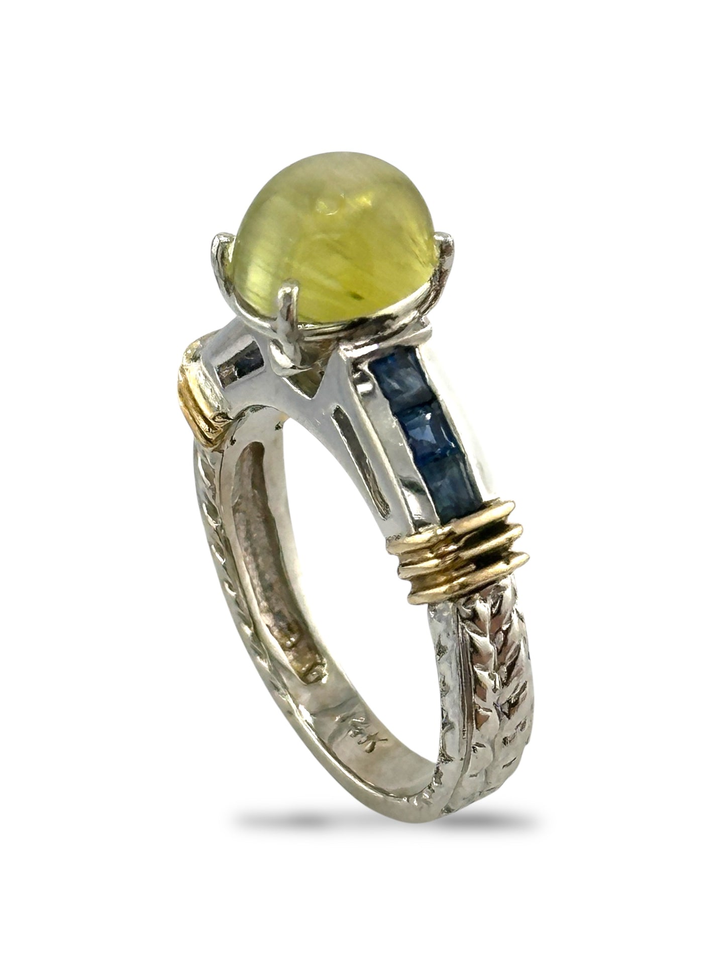 14K White Gold 2.20 Carat Natural Cat's Eye Chrysoberyl & Sapphire Ring