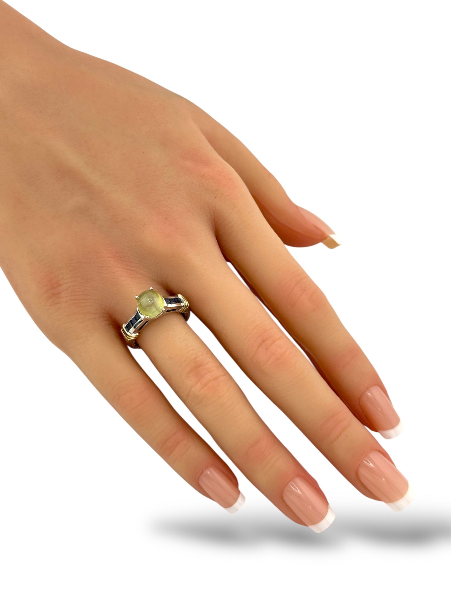 14K White Gold 2.20 Carat Natural Cat's Eye Chrysoberyl & Sapphire Ring