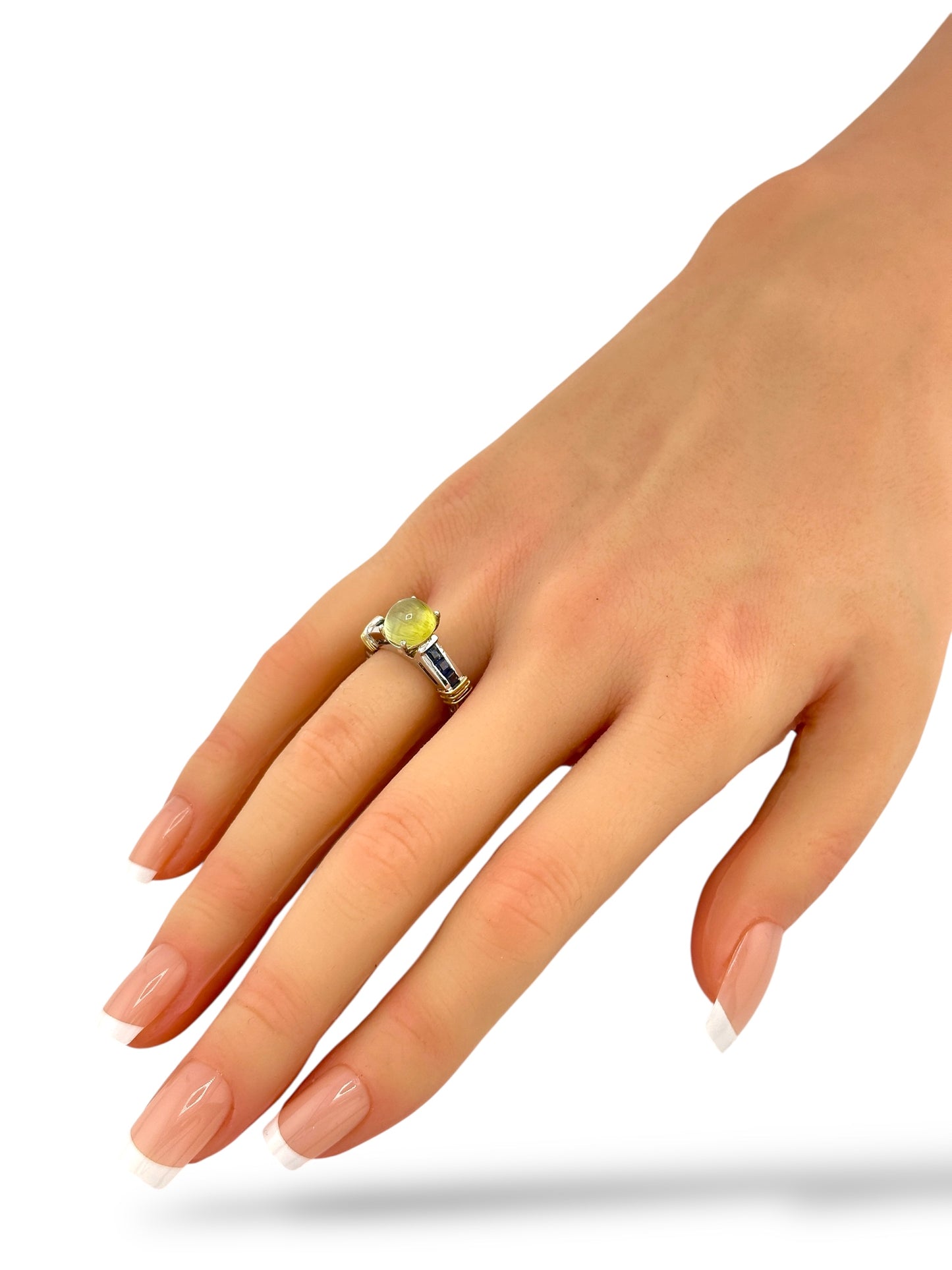 14K White Gold 2.20 Carat Natural Cat's Eye Chrysoberyl & Sapphire Ring