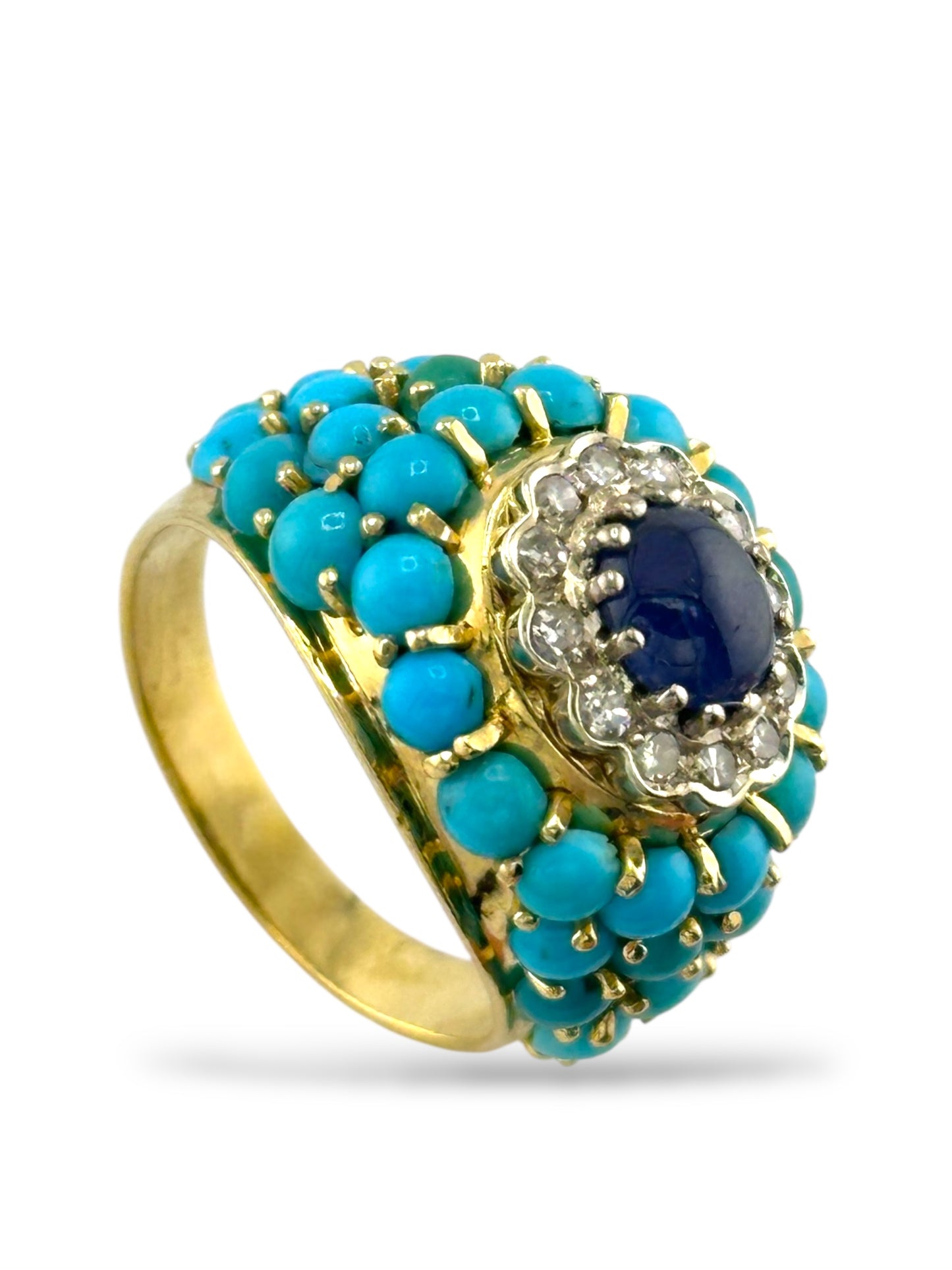 Vintage 18K Gold Turquoise, Diamond & Sapphire Ring