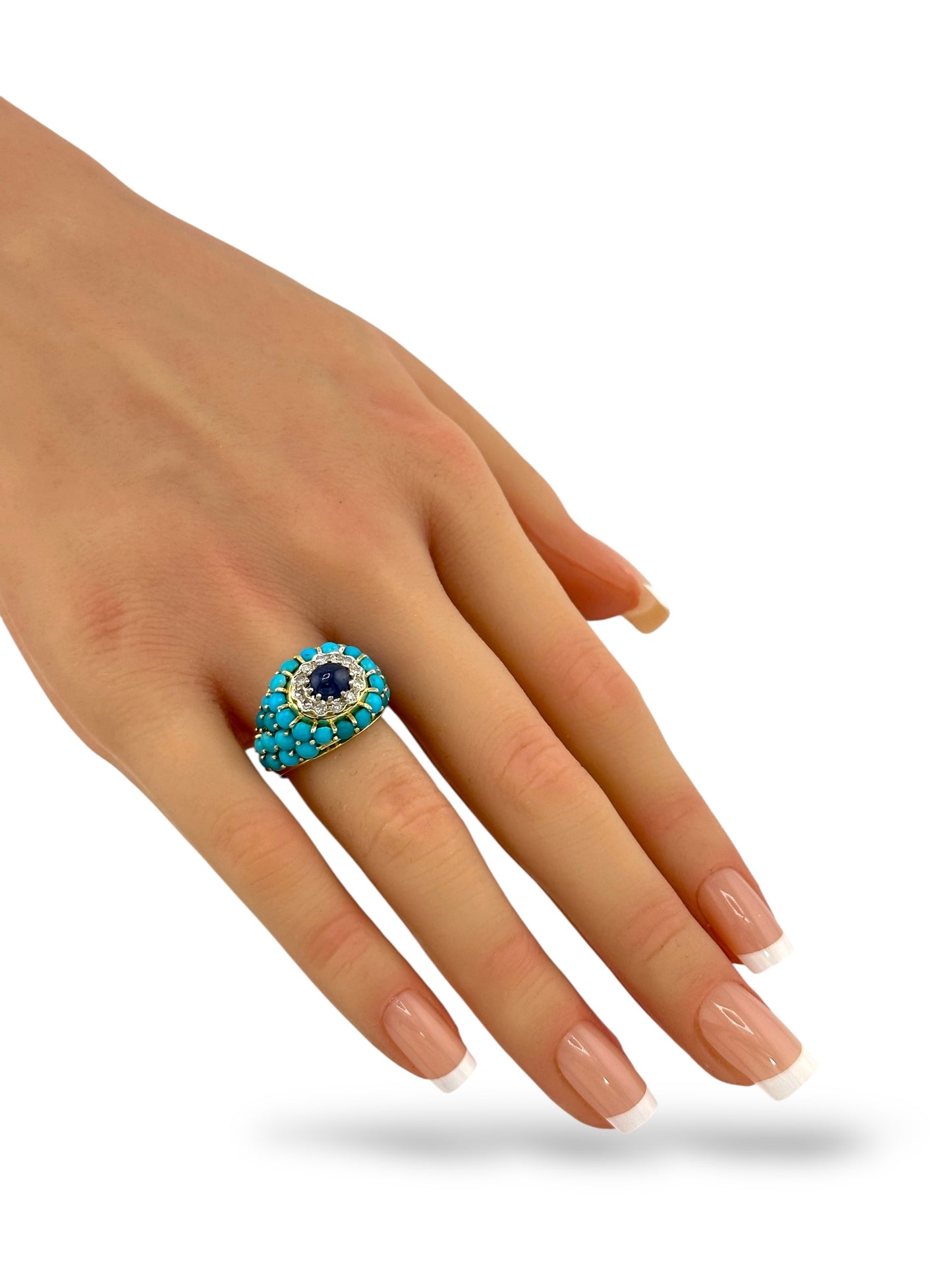 Vintage 18K Gold Turquoise, Diamond & Sapphire Ring