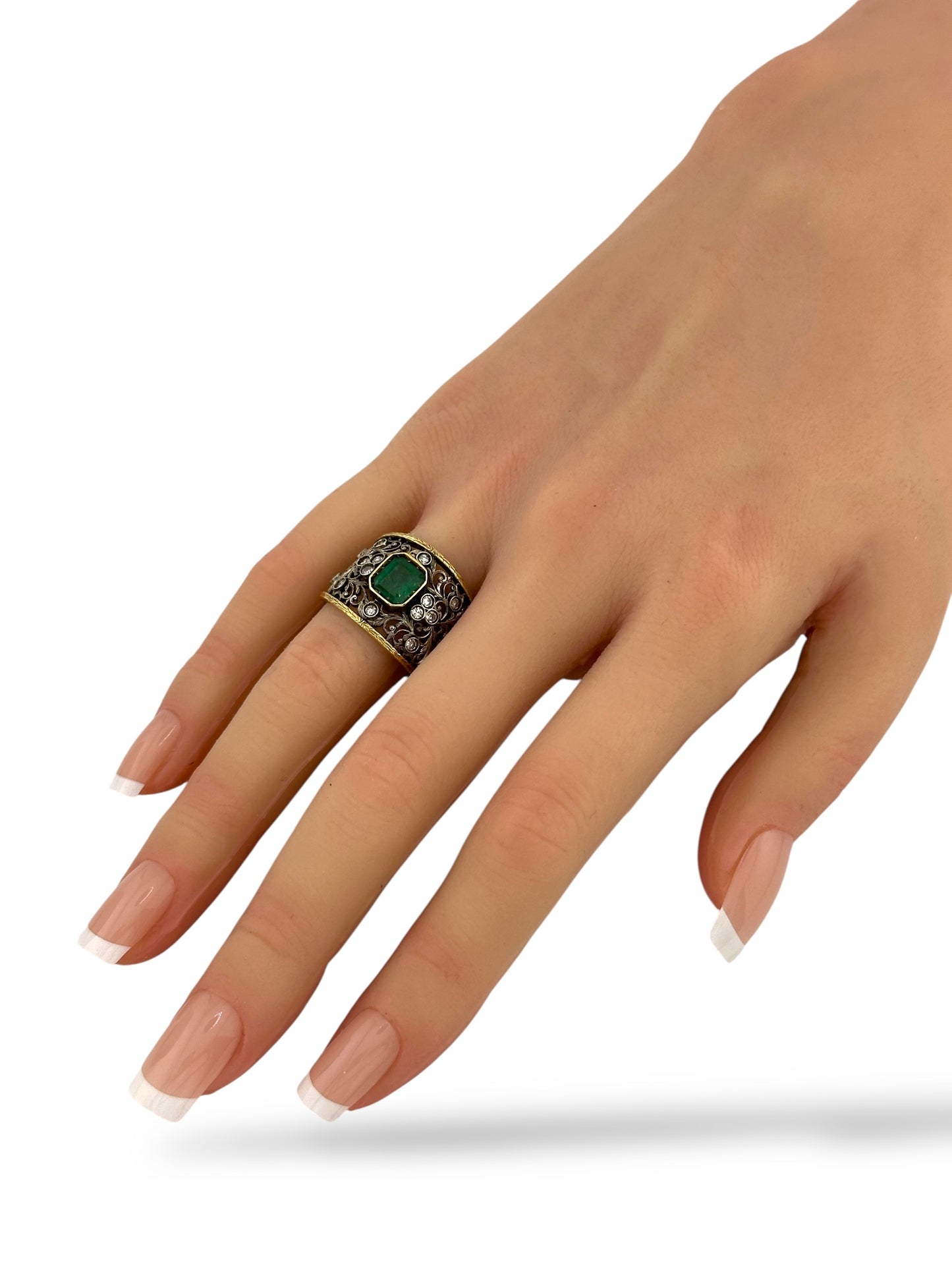 14K Yellow Gold Art Deco Style Ring with Diamonds and Emerald