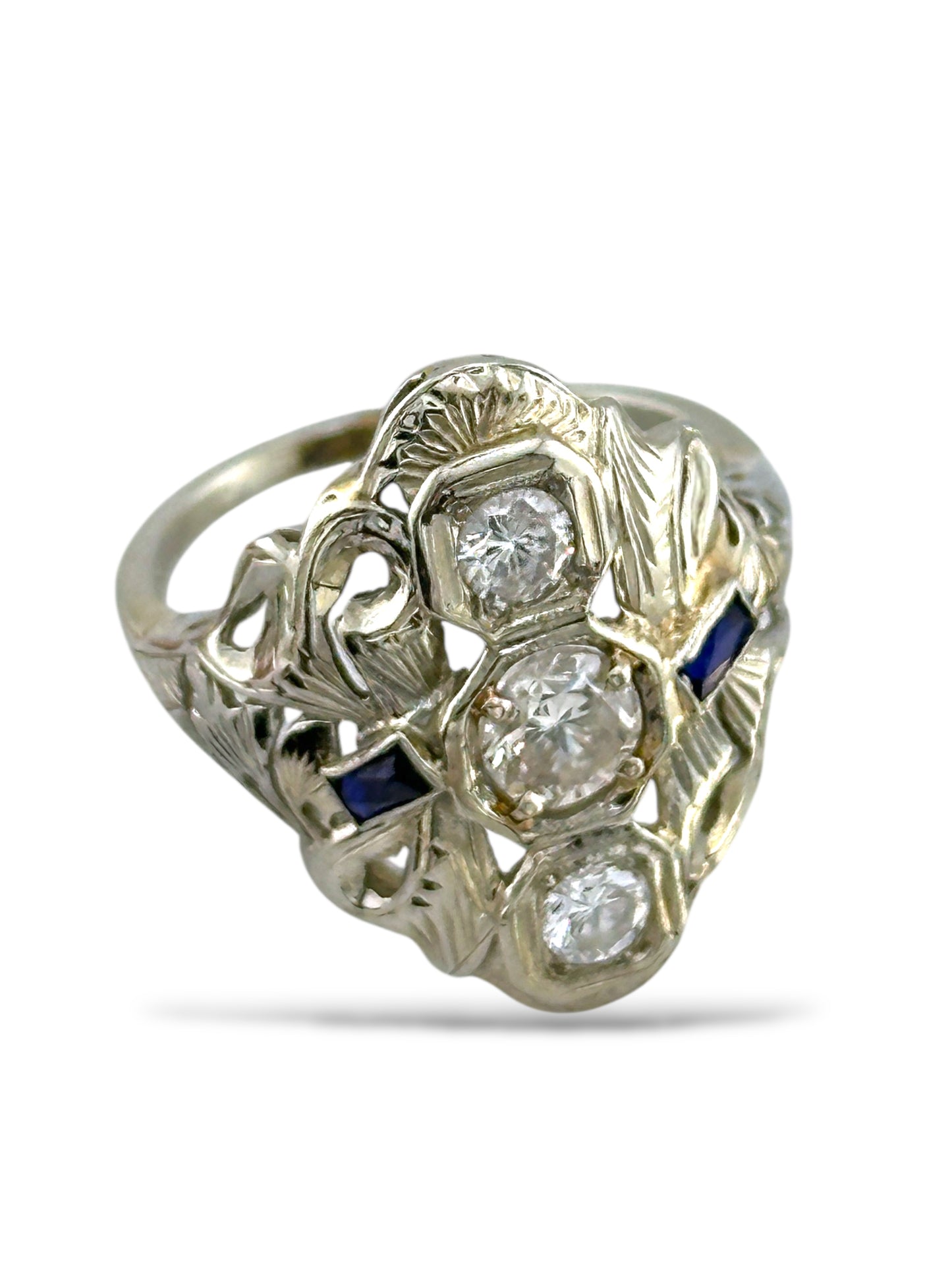 Art Deco 18K White Gold 0.65ct. Diamond & Sapphire Ring