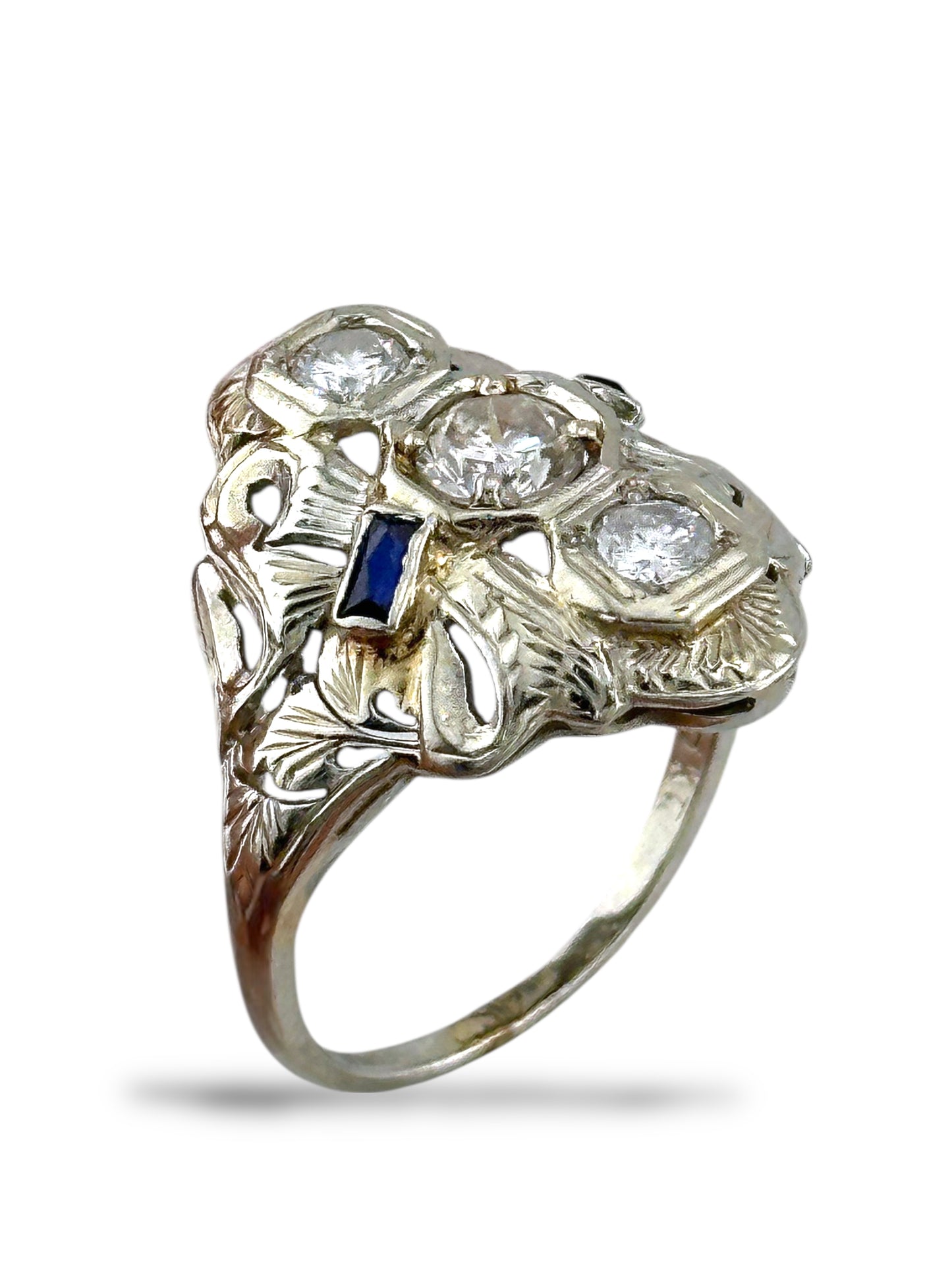 Art Deco 18K White Gold 0.65ct. Diamond & Sapphire Ring
