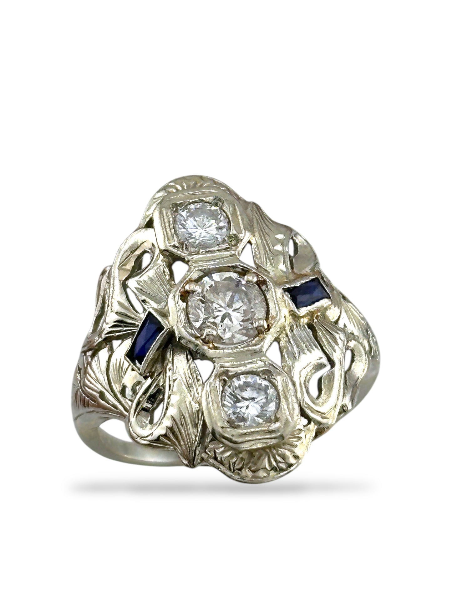 Art Deco 18K White Gold 0.65ct. Diamond & Sapphire Ring