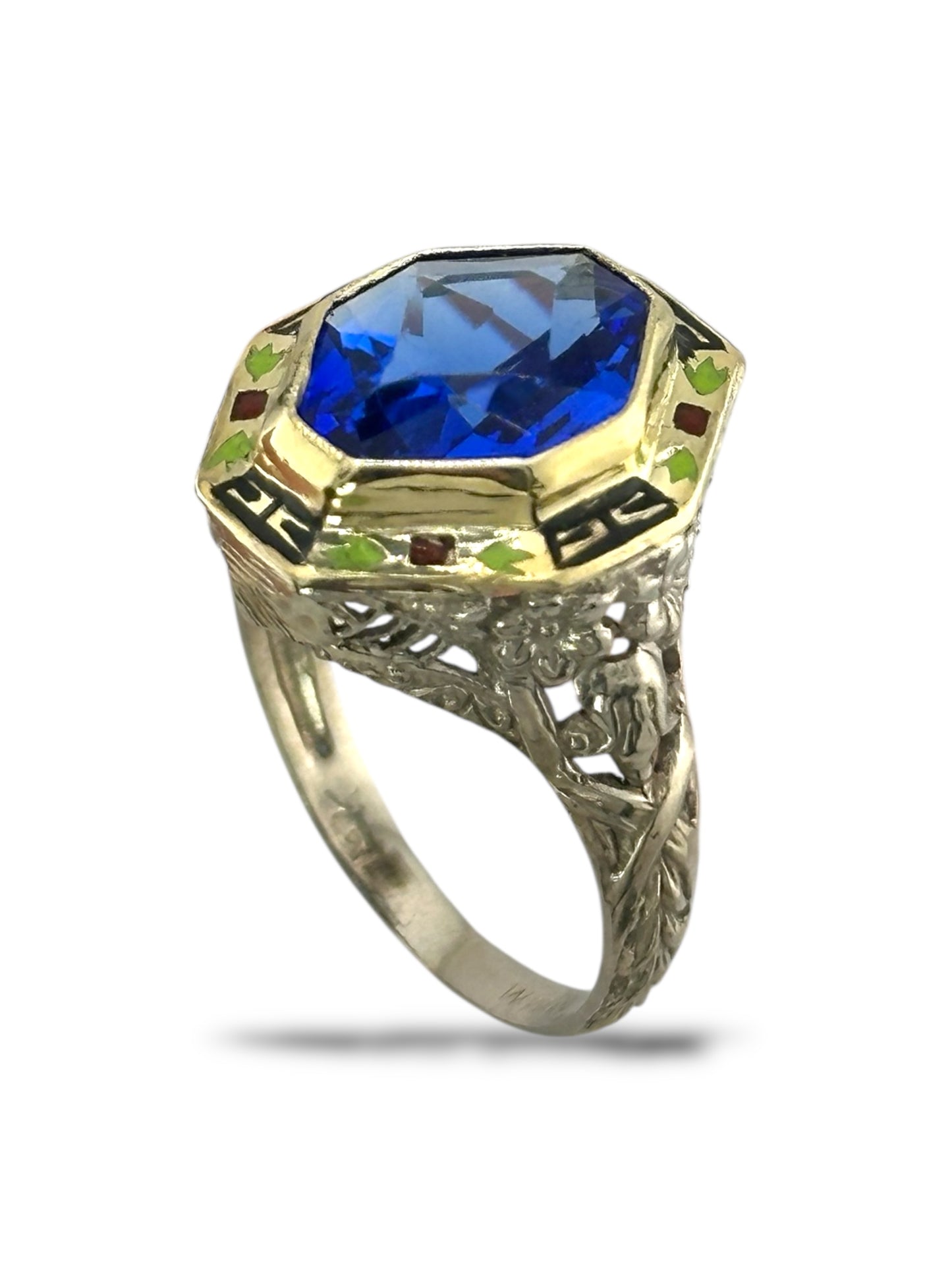 Antique Art Deco 14K Gold, Enamel & Sapphire Ring