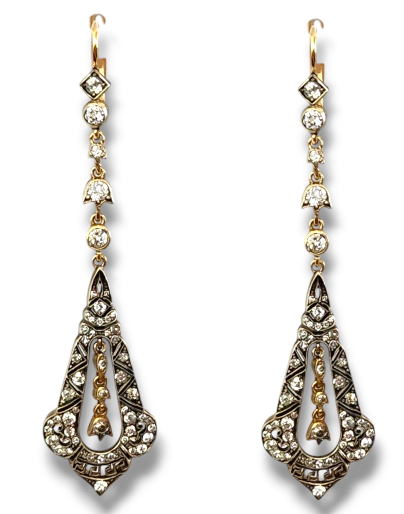 Earrings - 14 kt. Yellow gold, Antique Imperial Russian 56k Gold & Diamond Enamel Earrings 2.10 Carats Circa 1900s - 2.15ct. tw. Diamond (Natural)
