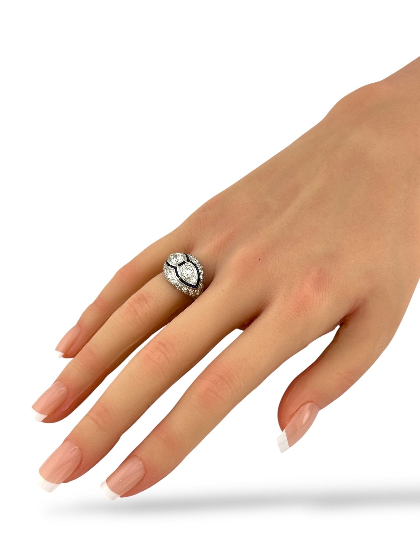Platinum Art Deco Ring with 1.60 Carats of Diamonds and French-Cut Sapphires