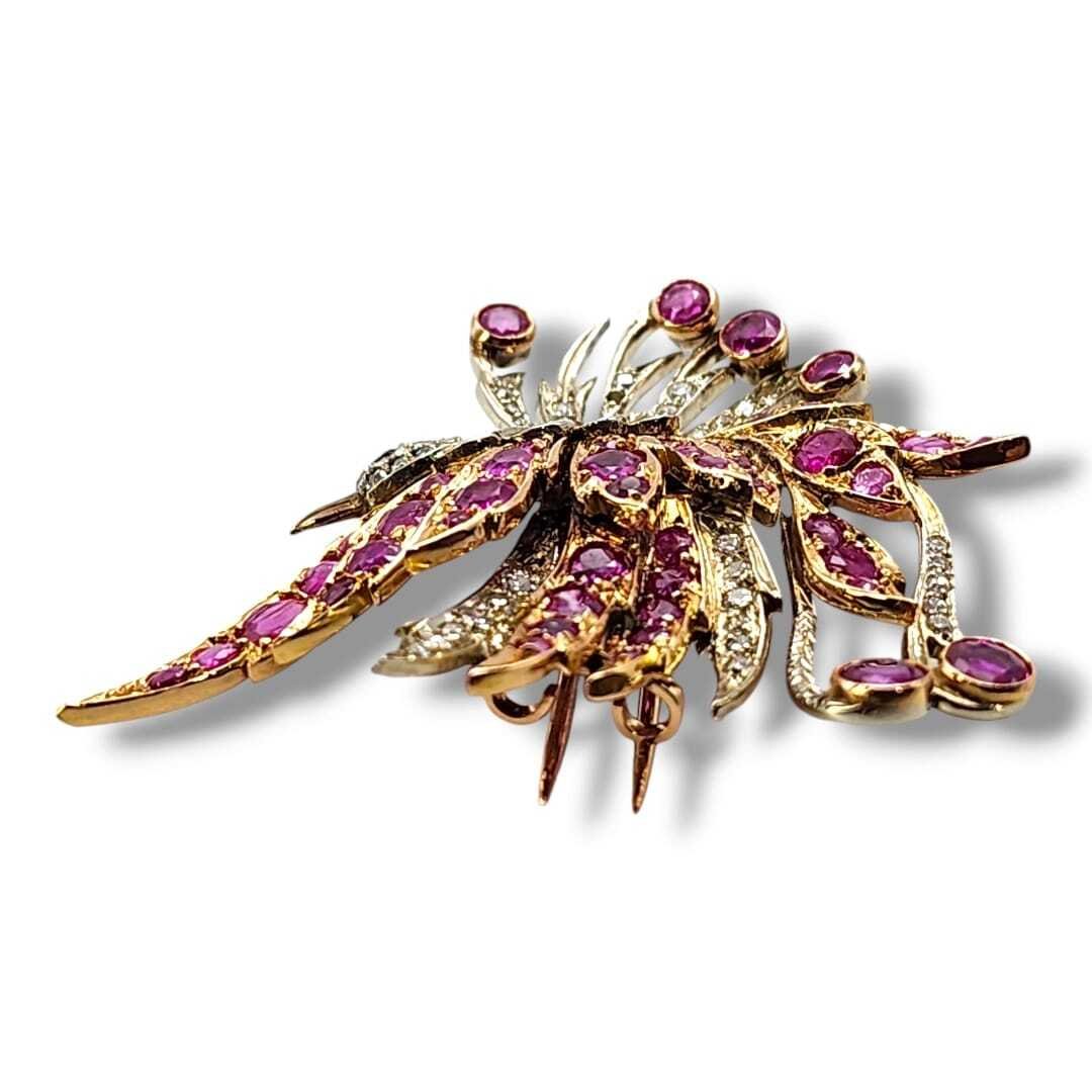 Brooch - 18 kt. Yellow gold, Gorgeous Vintage 18k Gold & 1.0ct Diamond Brooch Swan 16.5 grams - 1.00ct. tw. Diamond (Natural) - Ruby