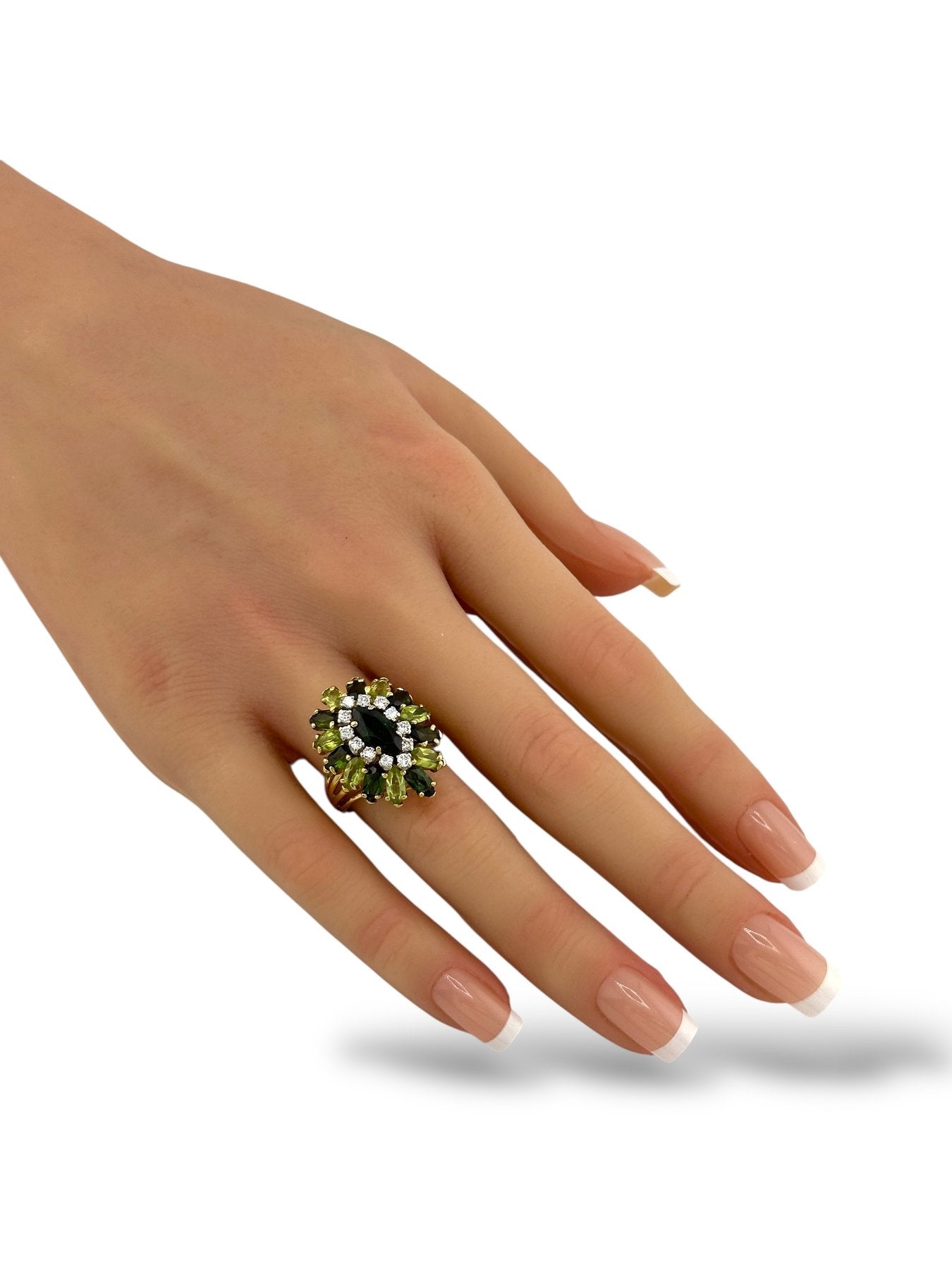 18K Yellow Gold Diamond, Tourmaline & Peridot Cluster Ring