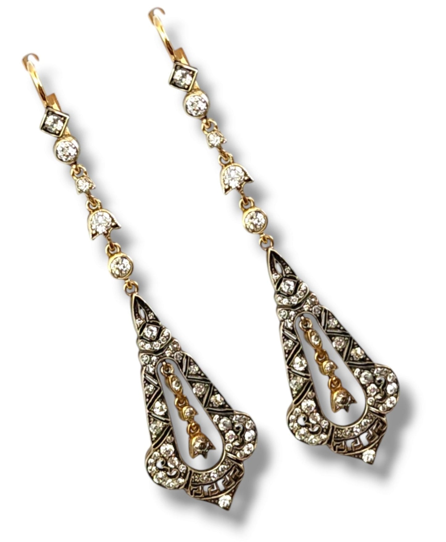 Earrings - 14 kt. Yellow gold, Antique Imperial Russian 56k Gold & Diamond Enamel Earrings 2.10 Carats Circa 1900s - 2.15ct. tw. Diamond (Natural)