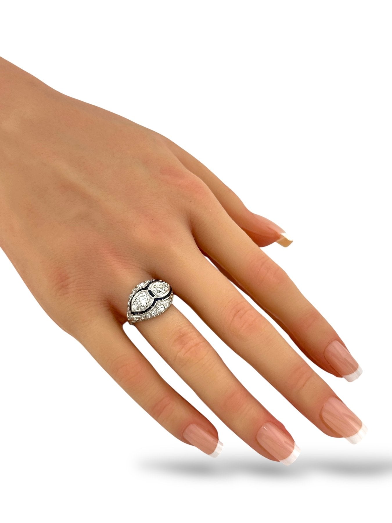 Platinum Art Deco Ring with 1.60 Carats of Diamonds and French-Cut Sapphires