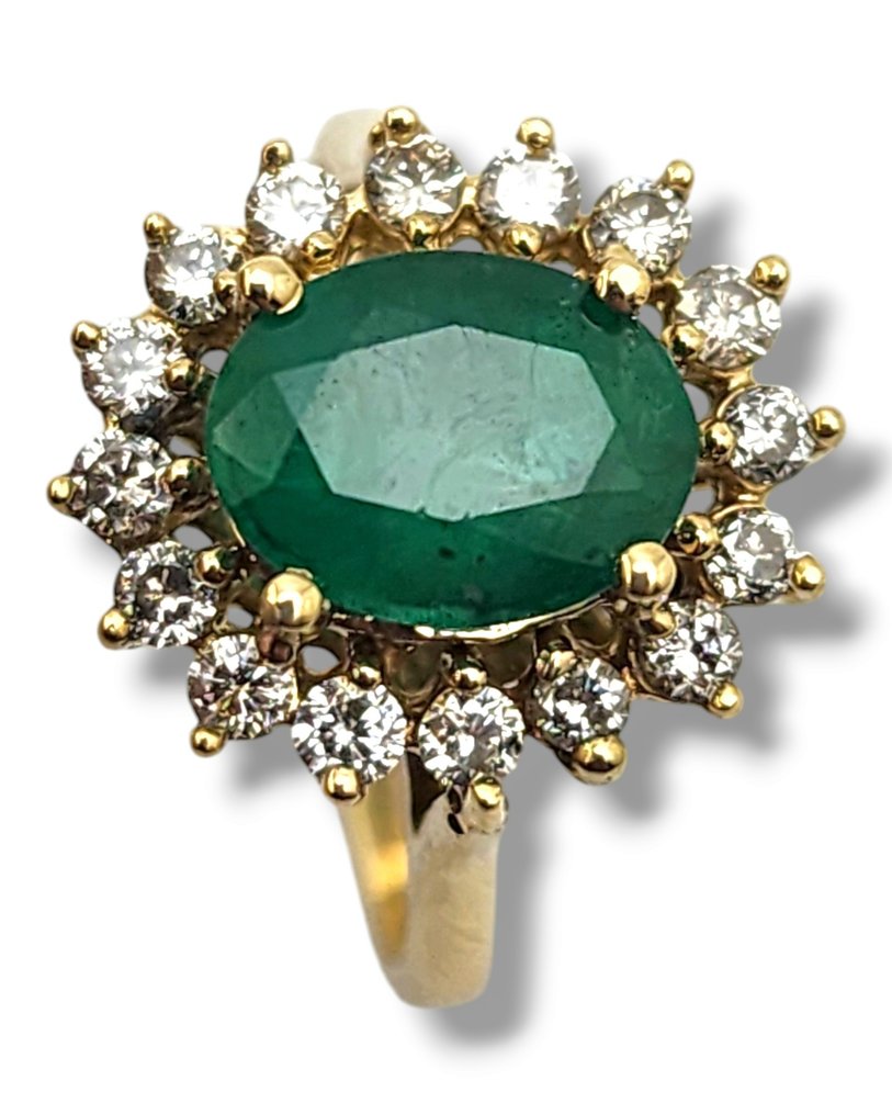 Ring - 18 kt. Yellow gold, Beautiful 18k Gold Emerald and Diamond Women's Ring 1.0Ct Emerald - Diamond
