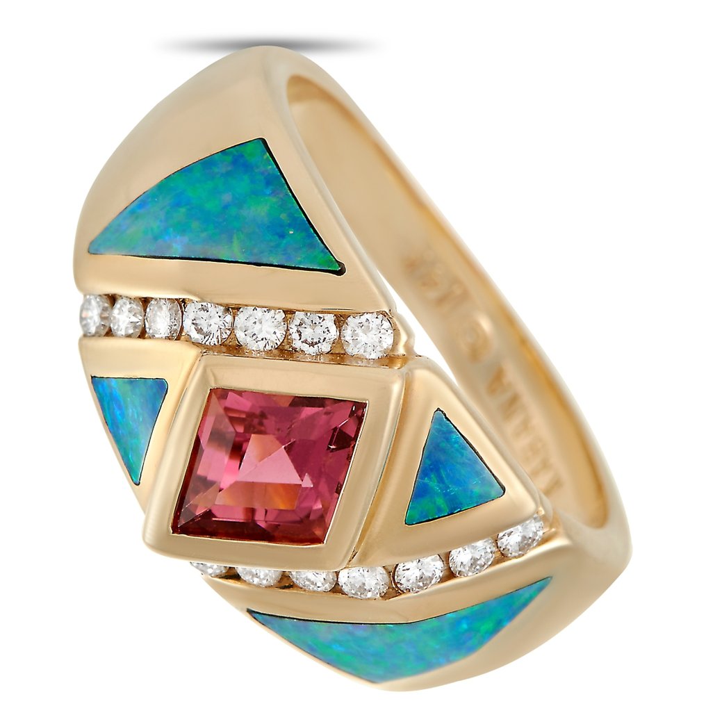 KABANA 14K Yellow Gold 0.21 ct Diamond, Tourmaline and Inlaid Opal Ring - 0.86ct. tw.