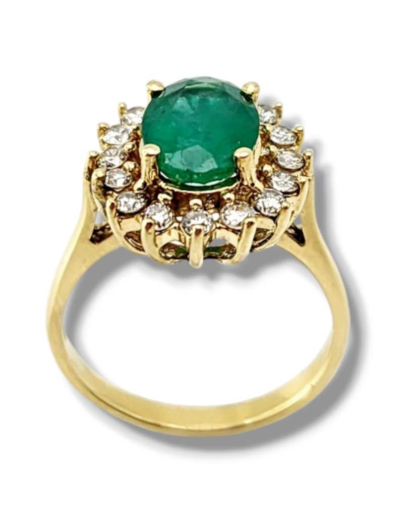 Ring - 18 kt. Yellow gold, Beautiful 18k Gold Emerald and Diamond Women's Ring 1.0Ct Emerald - Diamond