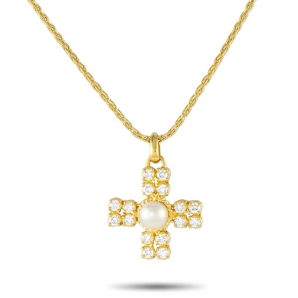 Christian Dior - Necklace with pendant - 18 kt. Yellow gold, Lavish 18K Yellow Gold 0.55ct Diamond and Pearl Pendant Necklace - 0.55ct. tw.