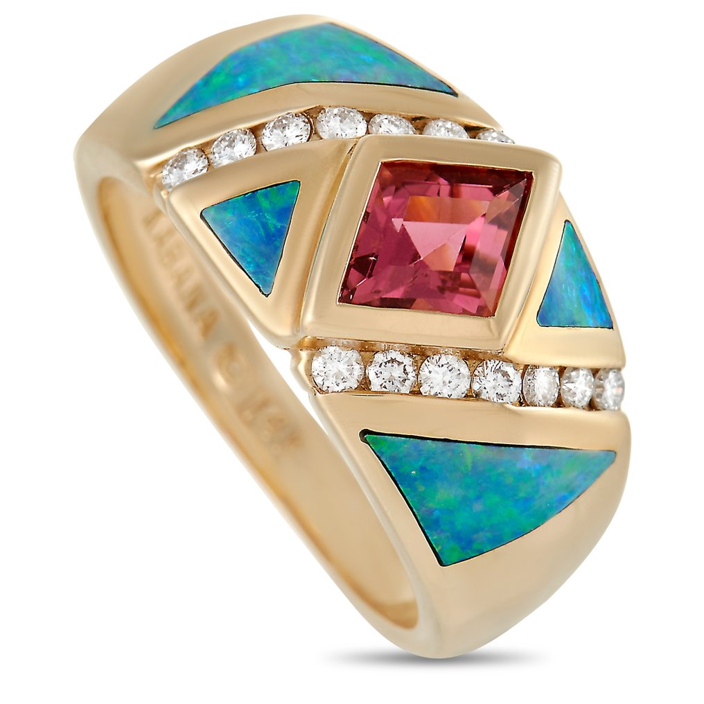 KABANA 14K Yellow Gold 0.21 ct Diamond, Tourmaline and Inlaid Opal Ring - 0.86ct. tw.