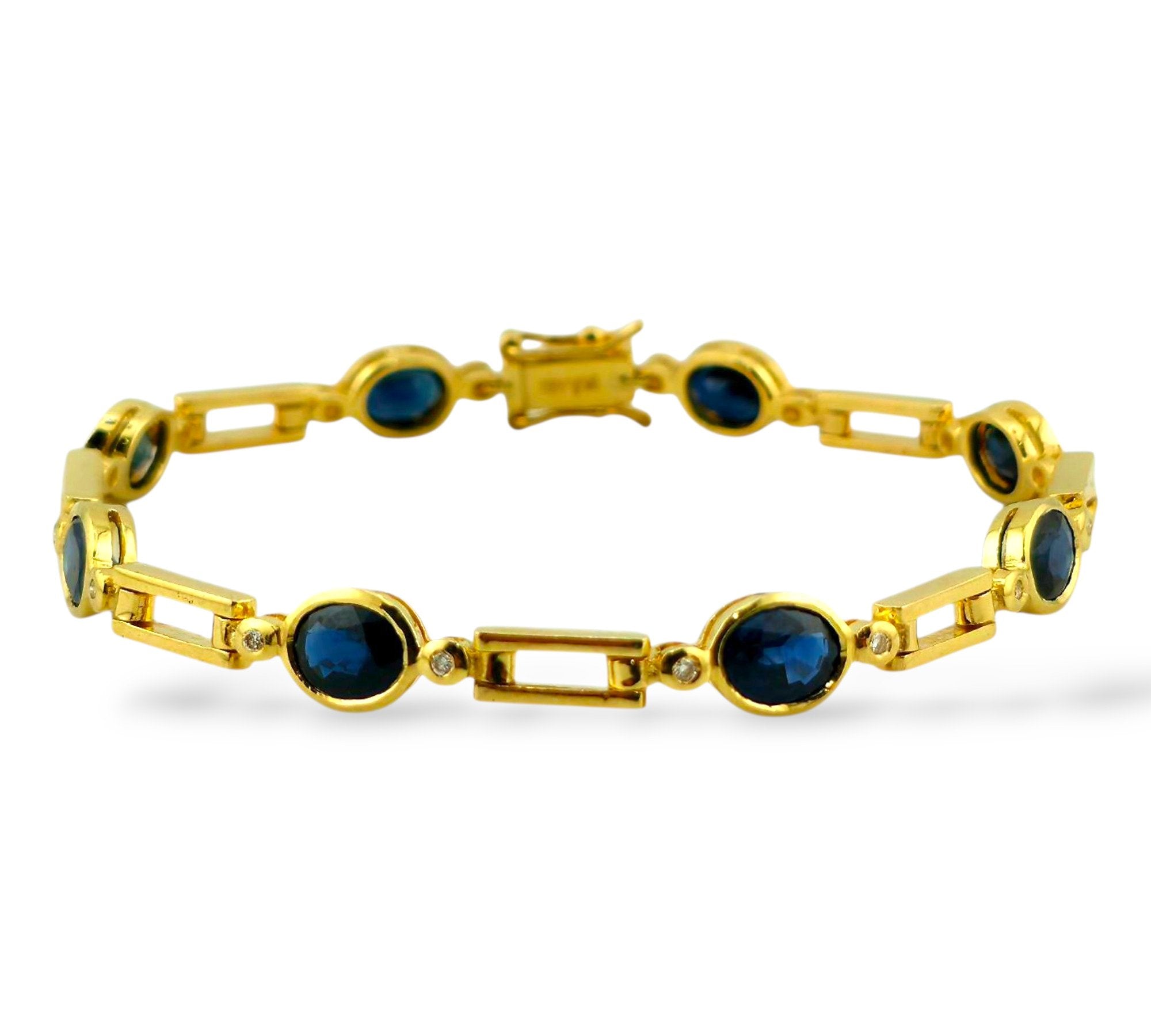 18 kt. Yellow gold,  18K Yellow Gold Bracelet with Oval Sapphires & Round Diamonds